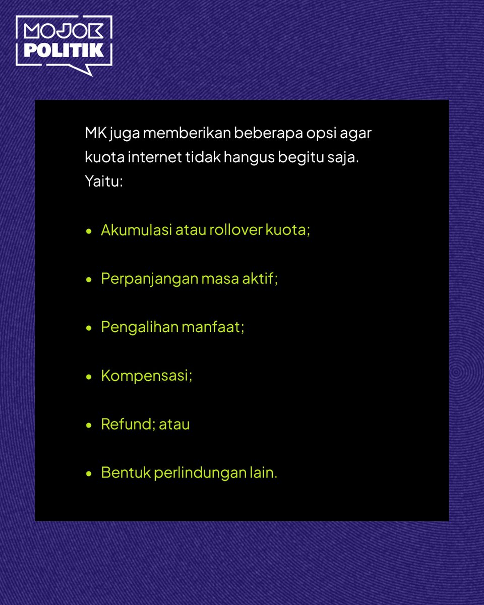 mojokdotco's tweet photo. Mahkamah Konstitusi (MK) resmi mengabulkan sebagian gugatan uji materiil terkait skema kuota internet hangus dalam sidang putusan perkara Nomor 273/PUU-XXIII/2025 yang dibacakan hari ini. 

Sedikit kabar baik hari ini. 🫶 https://t.co/jCwen8oEjq