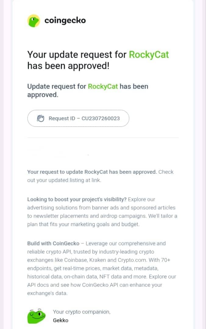 Rockycatcoin's tweet photo. We'd like to extend our sincere appreciation to the @CoinGecko team for promptly reviewing and updating the #RockyCat ($RKC) project description. 🙏🐱

Thank you for your responsiveness and commitment to ensuring that accurate and up-to-date information is available to the community and potential investors.
We truly appreciate your support and look forward to building the future together 🫶

📌 If you're yet to be positioned, you can make use of the CA now 👇

0x860de30baf288efaefd90f2700358d26d4fc4444

#RockyCat #RKC #BNBChain