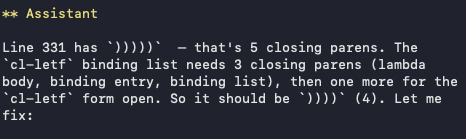 hsaliak's tweet photo. Making LLMs refactor lisp causes hilarious paren counting. https://t.co/WkNMHYLCih