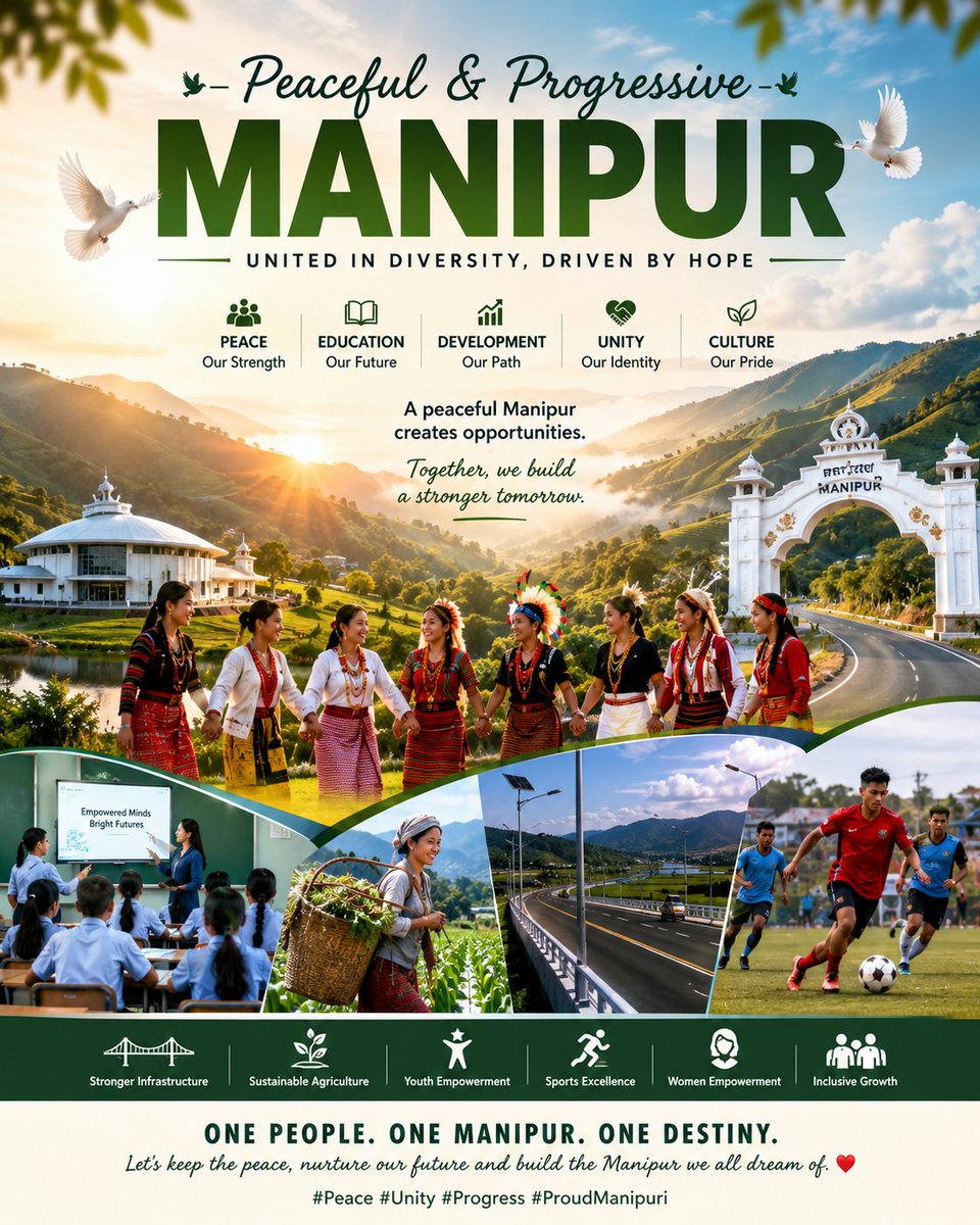 lina1862164's tweet photo. Peace empowers dreams. From classrooms to sports fields, from farms to startups, a united Manipur can unlock limitless opportunities for its youth and become a beacon of resilience and growth. 🇮🇳✨
#PeaceForProgress #PeacefulManipur #YouthPower #Development #OneManipur #NewIndia https://t.co/ome3hIQyTd