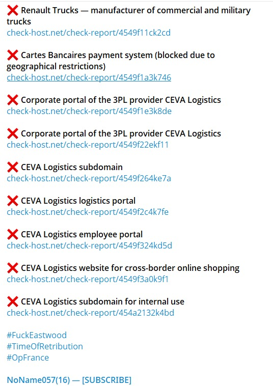 FalconFeedsio's tweet photo. 🚨 DDoS Alert:🇫🇷

NoName claims to have targeted the Multiple Websites in France. 

* CGPC
* Renault Trucks
* Cartes Bancaires
* CEVA Logistics https://t.co/3kB2xYr811