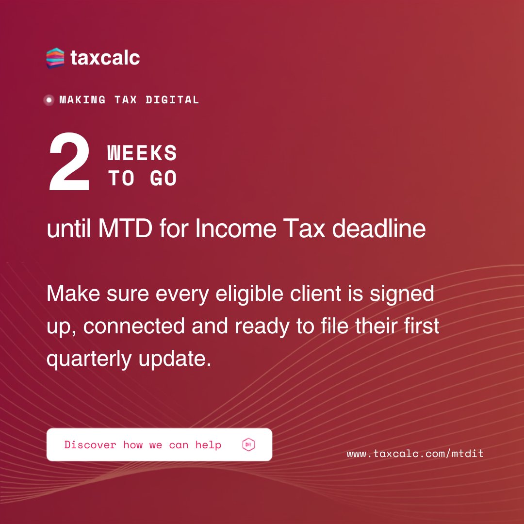 taxcalc's tweet photo. Two weeks. That's the gap between now and the MTD for Income Tax deadline.

Every eligible client needs to be signed up. Connected. Ready to file. If any of them aren't, two weeks is actually tight, especially if you're still chasing signatures, sorting access issues or getting them comfortable with the new filing rhythm.

The good news: most of the heavy lifting is just admin. Getting clients registered, making sure they understand what data you need and when, testing the connection. Tedious, but straightforward.

The bad news: if you leave it until next week, you'll be doing it at pace. And at pace, things get missed.

Two weeks sounds like plenty until it isn't. Take a look at our page to get all the tips and tricks using TaxCalc - link in the comments!