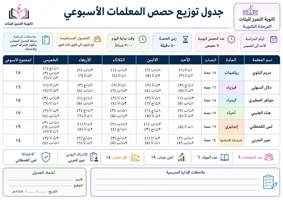 ali_alqhtani05's tweet photo. برومبيت مخصص لإنشاء جدول توزيع حصص المعلمين الأسبوعي حسب الأنصبة والمواد، بجودة عالية ودقة واضحة جدًا، ومناسب للطباعة والعرض.

طريقة الاستخدام:
انسخ البرومبت، عدّل البيانات بين الأقواس، ثم أرسله إلى أداة إنشاء الصور بالذكاء الاصطناعي.

#البرومبيت جاهز للنسخ في التعليق الأول
#وزارة_التعليم
#التوجيه_الطلابي
#النشاط_الطلابي
#الإدارة_المدرسية