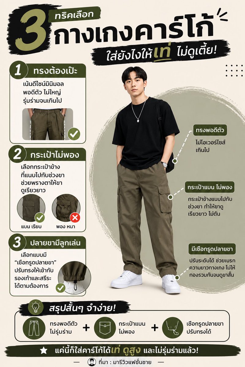 krunopcp's tweet photo. 👖 เลือกกางเกงคาร์โก้ยังไง...ให้ใส่แล้วดูเท่ ไม่ดูเตี้ย!
หลายคนชอบกางเกงคาร์โก้ เพราะใส่สบาย ลุยได้ และแมตช์กับเสื้อผ้าได้หลากหลายสไตล์ แต่ก็มีผู้ชายจำนวนไม่น้อยที่กังวลว่า "ใส่คาร์โก้แล้วจะดูตัวตัน ขาสั้น หรือดูเตี้ยกว่าเดิม"
อินโฟกราฟิกนี้จึงสรุป 3 เทคนิคง่าย ๆ ที่ช่วยให้เลือกกางเกงคาร์โก้ได้เหมาะกับรูปร่าง ใส่แล้วดูสูง โปร่ง และยังคงความเท่ในสไตล์มินิมอล
✅ เลือกทรงพอดีตัว ไม่โอเวอร์ไซส์จนเกินไป ✅ เลือกกระเป๋าข้างแบบแบน ไม่หนาพอง เพื่อช่วยให้ช่วงขาดูเรียวยาว ✅ เลือกปลายขาแบบมีเชือกรูด เพื่อปรับทรงกางเกงให้เข้ากับรองเท้าและสรีระ ลดปัญหาปลายขากองจนดูขาสั้น
แม้จะเป็นรายละเอียดเล็ก ๆ แต่เมื่อเลือกให้ถูกจุด ก็สามารถเปลี่ยนลุคให้ดูดีขึ้นได้อย่างชัดเจน และช่วยให้แต่งตัวง่ายขึ้นในชีวิตประจำวัน
หวังว่าอินโฟกราฟิกนี้จะเป็นประโยชน์สำหรับใครที่กำลังมองหากางเกงคาร์โก้สักตัว หรือกำลังหาวิธีแต่งตัวให้ดูสมส่วนมากขึ้น หากชอบคอนเทนต์แนวรีวิวแฟชั่นผู้ชาย อย่าลืมกดติดตามและแชร์เก็บไว้เป็นไอเดียกันนะครับ
📌 ที่มา: มารีวิวแฟชั่นชาย
#มารีวิวแฟชั่นชาย #แฟชั่นผู้ชาย #กางเกงคาร์โก้ #CargoPants #MensFashion #MensStyle #แต่งตัวผู้ชาย #แต่งตัวผู้ชายมินิมอล #มินิมอลสไตล์ #HowToแต่งตัว #ไอเดียแต่งตัว #รีวิวแฟชั่น #ผู้ชายแต่งตัว #สายแฟผู้ชาย #แต่งตัวดูสูง #แต่งตัวให้ดูดี #StreetStyle #MinimalStyle #แฟชั่นวัยรุ่น #แฟชั่นเกาหลี