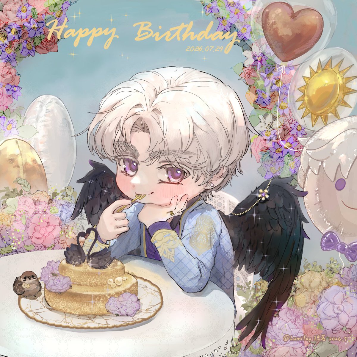 LumifayArt's tweet photo. 生日快樂呀，世間珍寶Charlie！🎂💐
「親愛的，快來吧，蛋糕和我都在等妳」
💐感謝查理的誕生、感謝把他帶至未婚妻們面前的所謂「命運」。
 #ChildhoodSweetheart
 #光与夜之恋查理苏  #查理苏 #查理蘇 #光与夜之恋 
#光と夜の恋
#lightandnight #Charlie
#빛과밤의사랑 #차이수 https://t.co/sGraOor3di