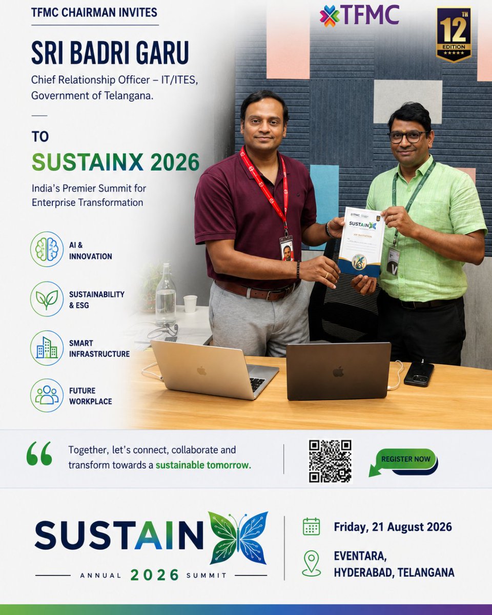TFMC_india's tweet photo. TFMC Chairman invites Sri Badri Garu, Chief Relationship Officer – IT/ITES, Government of Telangana, to #SUSTAINX2026.

📅 Friday, 21 August, 2026
📍 Hyderabad. https://t.co/PYZyasK7XN