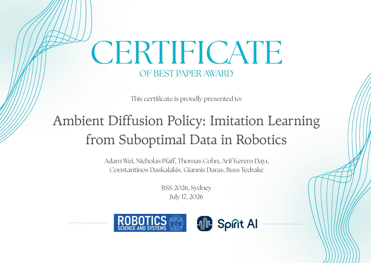 spirit_ai2024's tweet photo. What data do robots really need? 🤖📊

Recap from our #RSS2026 workshop at UTS Sydney!

🎉 Congrats to Best Paper winner Adam Wei! Thanks to our incredible speakers & organizers for making it happen.

Watch the full recording & recaps here: 
📹 Recording: https://t.co/MeLhgJp8gV
🔗 Workshop Info: https://t.co/rOX8OtNT5P

#SpiritAI #千寻智能 #EmbodiedAI #Robotics