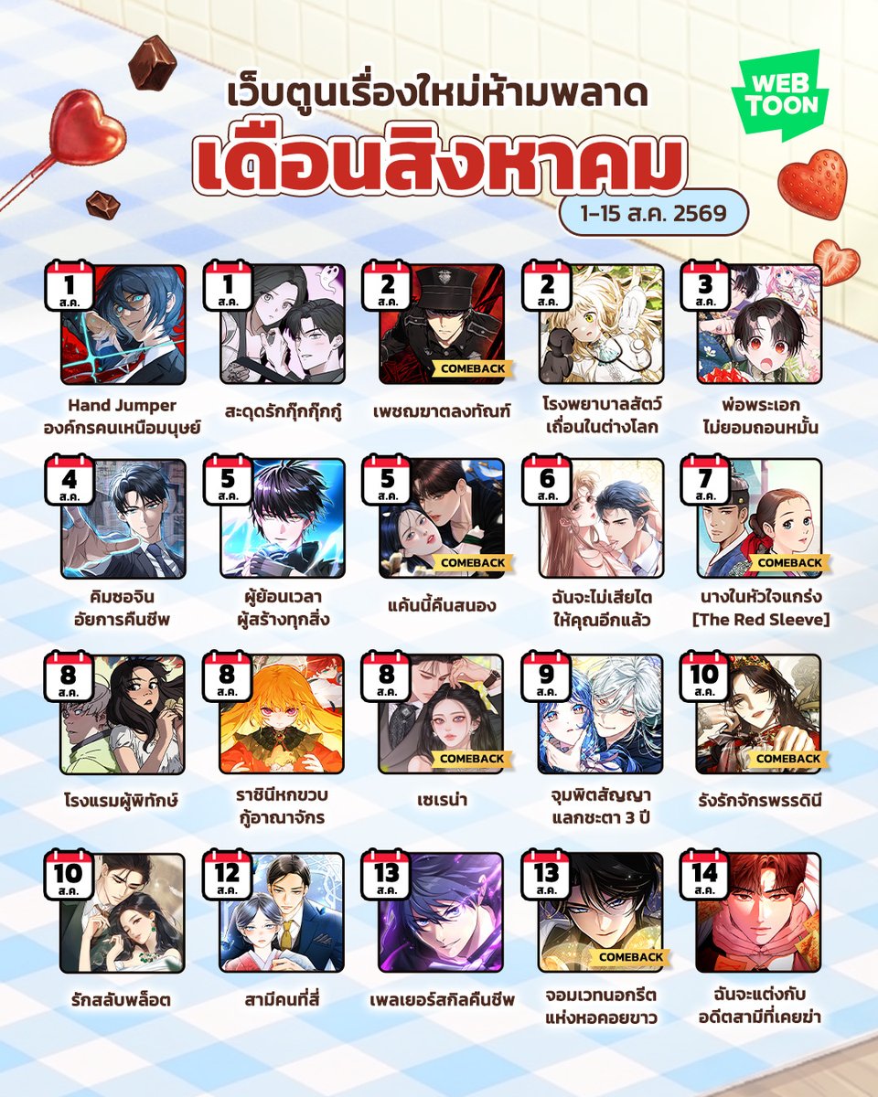 LINEWEBTOONTH's tweet photo. ตารางเว็บตูนเดือนสิงหาคมมาแล้ว! 🤩

ครึ่งเดือนแรกขนเรื่องใหม่และคัมแบคสุดฮอตมาเสิร์ฟร้อน ๆ 🔥
รออ่านเรื่องไหนบ้างกันบ้าง ปักหมุดมาแชร์กันหน่อย!
👉🏻 https://t.co/x5bWjL54bx

#WEBTOONTH #เว็บตูนไทยแลนด์ https://t.co/CWFpwBjkdA