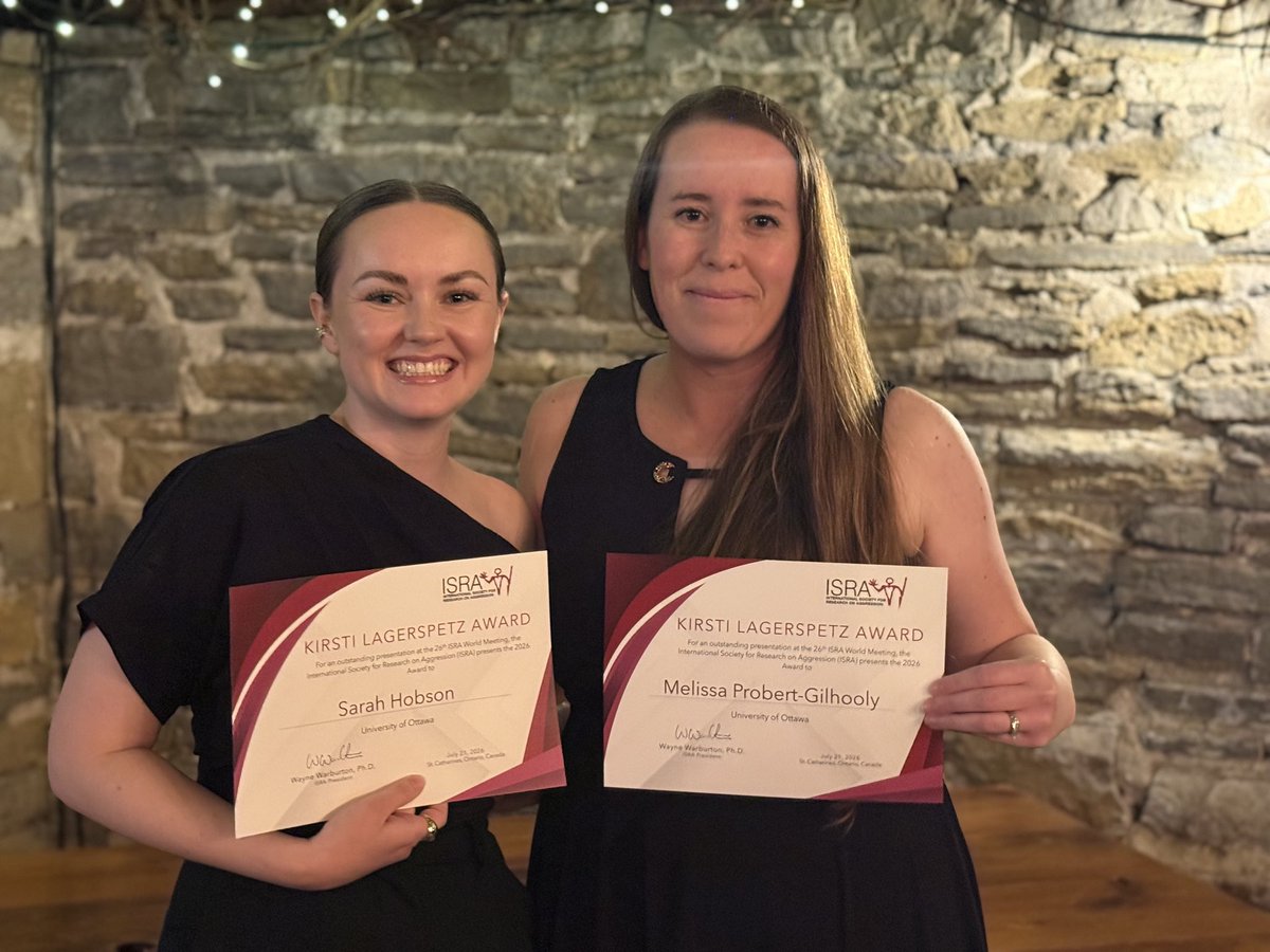 vaillancourt_dr's tweet photo. The Kirsti Lagerspetz Award is one of the International Society for Research on Aggression’s most prestigious awards for emerging scholars. It recognizes outstanding scientific presentations at the World Meeting. This year two @uOttawa PhD students were recipients: Sarah Hobson (School of Psychology) and Melissa Probert-Gilhooly (Faculty of Education). 👏👏
