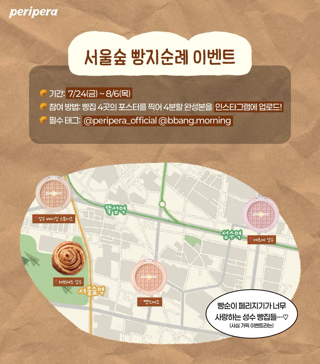 periperakr's tweet photo. 페리페라가 왜이리 빵에 진심이야..🍞🥐🧇 
🍞페리페라 X 빵모닝 빵지순례 이벤트🍞 소식 알려드리러 왔어요!!!! (빵덕후 지기는 너무 행복해..🥨)

서울숲 일대 빵집 4곳에 붙어있는 포스터 4종을 찍어서 4분할로 합치면?! 가운데 동그란 빵러셔가 완성되어요! 
👉해당 이미지를 본인의 인스타그램에 브랜드 계정 태그와 함께 업로드 해주면 참여 완료! (지기도 오늘 빠르게 다녀왔어요🥨)

인스타 이벤트이지만 🥨빵덕+코덕 트친들에게🥨 알려주려고 달려왓슨><

📍 기간: 7/24(금) ~ 8/6(목) 📍 필수태그: @peripera_official, bbang.morning(빵모닝 인스타 계정)

*인스타그램에서 참여 가능한 이벤트입니다🥨 *빵집 매장이 쉬는 날이어도 포스터 촬영 및 이벤트 참여 가능합니다!🥨 (빵을 놓치면 아쉬우니 방문 전 휴무일 확인 필수!)  자세한 이벤트 내용은 타래에 적힌 링크 확인!👇👇