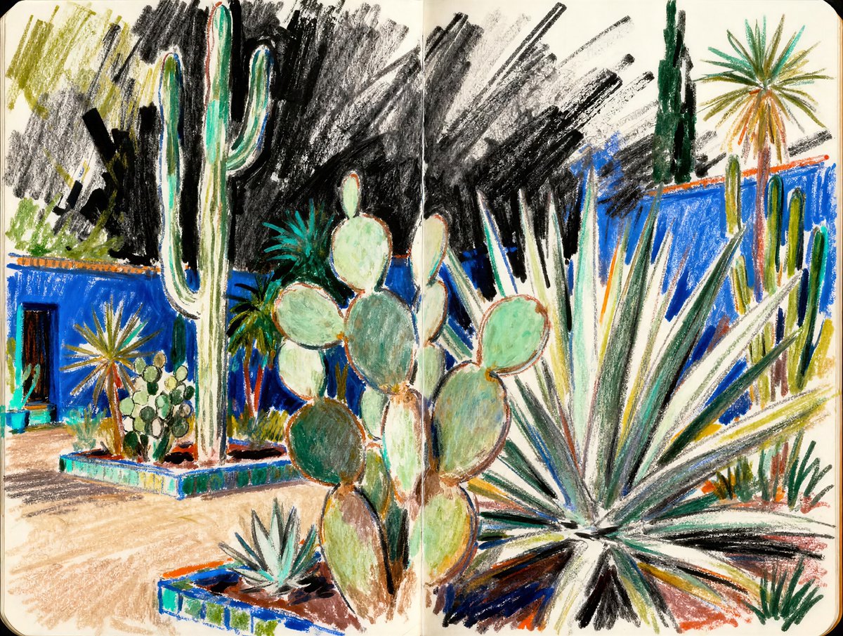 john_morseworks's tweet photo. Another Oil pastel sketch inspired by the Jardin Majorelle. https://t.co/OpkhaJhwa6