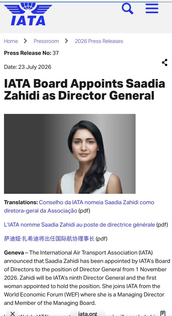 FarhadJarralPK's tweet photo. Congratulations, Saadia @Zahidi.

First woman ever appointed Director General of @IATA in its history - leading a trillion-dollar industry, 370+ airlines, 85% of global air traffic.

A Pakistani, representing the world’s skies. 🇵🇰🚀 https://t.co/tGD6xZrz5X