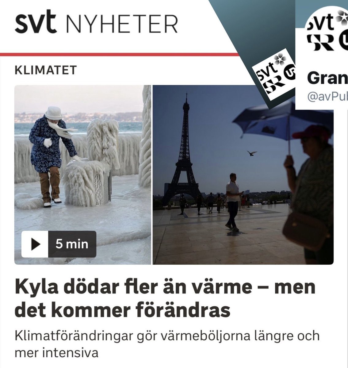 avPublicService's tweet photo. Varför tog det så lång tid att komma fram till att ”fler dör av kyla än av värme”, @SVT? 

Köldrelaterade dödsfall uppskattas vara nio gånger fler än värmerelaterade, rapporterar nu opartiska @SVT till sist.

När Jimmie Åkesson konstaterade samma sak i partiledarutfrågning i @SverigesRadio inför valet 2022 blev han kallad ”klimatförnekare och foliehatt”.

@SVT har redan fällts en gång av Granskningsnämnden i samma ämne – men det har alltså tagit lång tid för @SVT att landa i detta.

@SVTNyheter #journalistik 1. SVT: Kyla dödar fler än värme – men det kommer förändras https://t.co/vp8IfZNDIV 2. SVT påstod att fler dör av hetta än av kyla https://t.co/NhnjxkV4rN 3. SD sågas: ”Klimatförnekare och foliehattar” https://t.co/0ecNAAsoD6