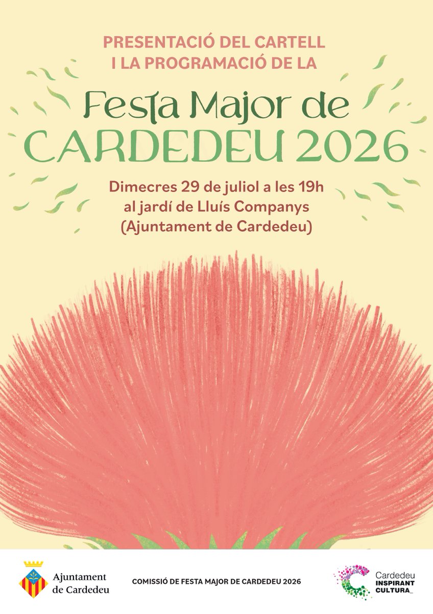 ajcardedeu's tweet photo. 🥳 Presentació del programa i el cartell de la Festa Major 2026 #Cardedeu

📆 Dimecres 29 juliol, 19 h
📍 Jardí de Lluís Companys

Després de descobrir el cartell, l'autora, Berta Bosch, signarà exemplars del cartell

✨ Vine a conèixer les propostes que hem preparat per a tu! ✨ https://t.co/BOX2HVOGMh