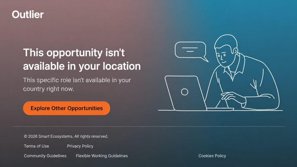bimnttsion's tweet photo. Banyak yang komentar, "Kok pas daftar Outlier muncul This opportunity isn't available in your location?"

Jangan langsung klik tombol Apply dari halaman utama atau link yang tersebar. Coba buka dulu hasil pencarian Google kayak yang di atas, terus pilih posisi yang emang tersedia untuk Indonesia, misalnya Indonesian Language Expert.

Beberapa lowongan di Outlier emang dibatasi berdasarkan negara. Jadi kalau temen-temen buka role yang cuma avail untuk negara tertentu, pasti muncul pesan kalo kesempatan tersebut gak tersedia di lokasi temen-temen. 

Itu belum tentu jga berarti Outlier gak terima pendaftar dari Indonesia yaa bisa aja yang gak tersedia cuman role yang temen-temen buka. Jadi sebelum ngira akun atau wilayah temen-temen bermasalah, pastiin dulu temen-temen apply posisi yang emang ditujukan untuk Indonesia. 

Setelah itu baru lanjut proses pendaftaran sesuai lowongan yang tersedia.
#freelance #makemoney