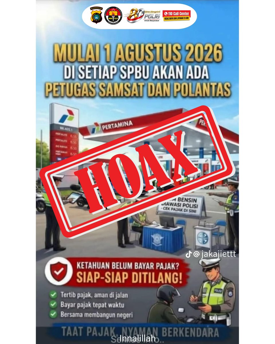 BabelBid's tweet photo. โ ๏ธ HOAX! Informasi Petugas Samsat dan Polantas Berjaga di Setiap SPBU Mulai 1 Agustus 2026 Tidak Benar ๐ซ
โ
Saring Sebelum Sharing.
๐ Cek Fakta.
๐ซ Jangan Sebarkan Hoax.
#polri #polriuntukmasyarakat
#poldababel
#cegahhoax https://t.co/XCTZPKSz0i