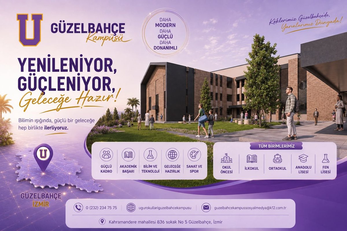 UOGuzelbahce's tweet photo. Bir kampüsten fazlası, geleceğin eğitim üssü…

Uğur Okulları Güzelbahçe Kampüsü yeni yüzüyle öğrencilerini daha modern, daha güçlü ve daha donanımlı bir geleceğe hazırlıyor. 💜💛

📍 Güzelbahçe, İzmir

#UğurGüzelbahçe #Yenileniyoruz #GeleceğeHazır #EğitimdeUğur #İzmir https://t.co/FzNCVIAtjV