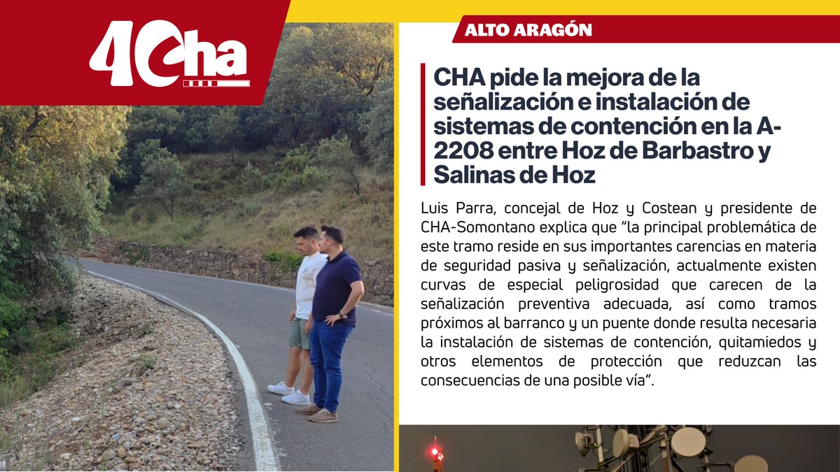 chunta's tweet photo. 🛣️ CHA pide la mejora de la señalización e instalación de sistemas de contención en la A-2208 entre Hoz de Barbastro y Salinas de Hoz

Luis Parra: "Tiene importantes carencias en materia de seguridad pasiva y señalización"

🔗 https://t.co/GiTeHuyF7y