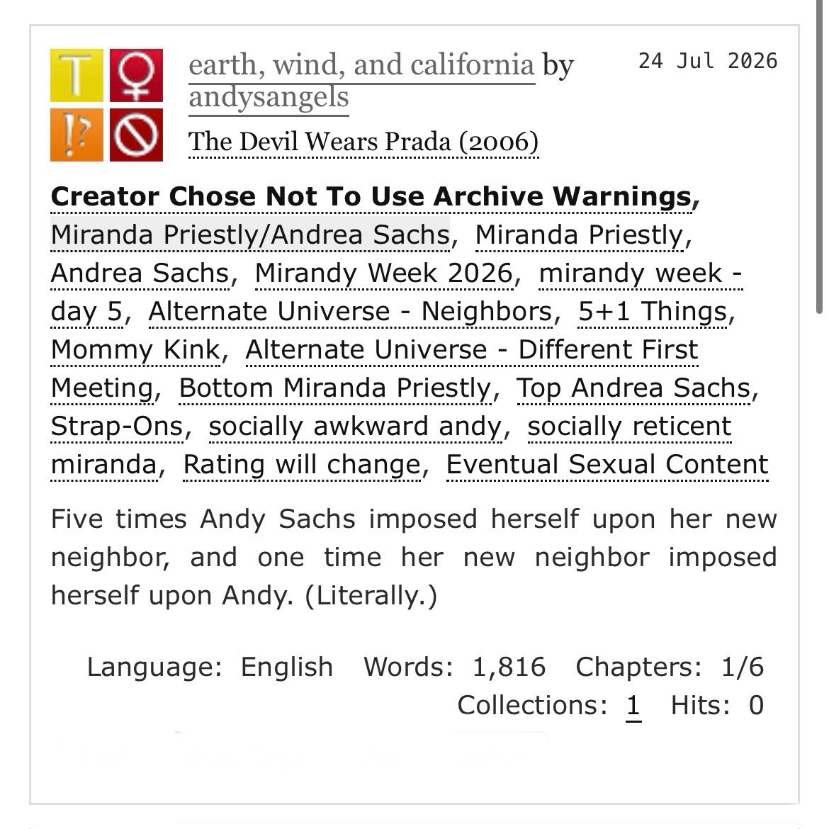 ceruleandy's tweet photo. #MirandyWeek2026 day 5 :)

five times andy sachs imposed herself upon her new neighbor, and one time her new neighbor imposed herself upon andy. (literally.)

🔗 https://t.co/0y31iBw4kX https://t.co/rgUiyuIA86