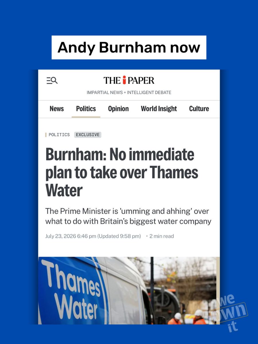 We_OwnIt's tweet photo. .@andyburnham, people are desperate for you to make good on your promise of breaking with 40 years of privatisation

Thames Water is a huge opportunity for you to make good on that promise

Share if you want Thames Water into public hands. Tag him and send him a message in the reply