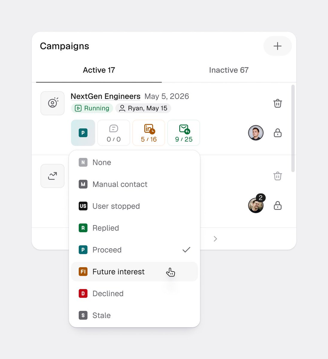noptar's tweet photo. The campaign result dropdown menu opens with options to update the candidate's campaign outcome, including statuses such as Replied, Proceed, Future Interest, and Declined.

#ProductDesign #RecruitmentTech #HRTech #Hiring #TalentAcquisition #SaaS #B2BDesign #EnterpriseUX https://t.co/vIjlzkjOce