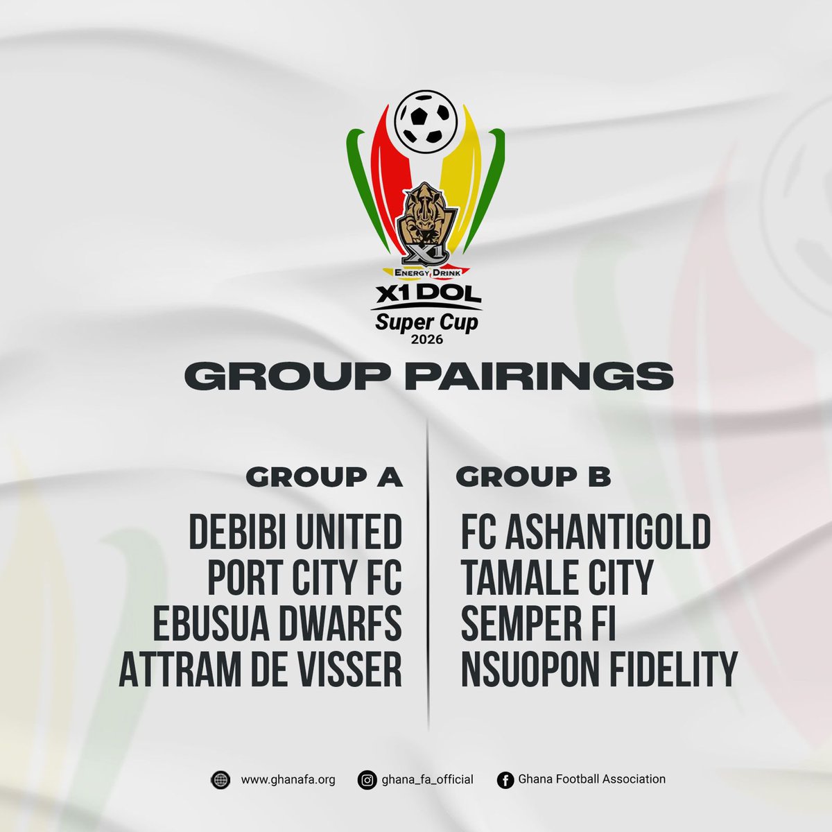 DivisionOneGH's tweet photo. 📋 Groups confirmed for the 2026 X1 Division One League Super Cup. 🏆

The eight qualified clubs have been placed into two groups as preparations continue for the tournament at the Obuasi Len Clay Stadium.📍

🔗 more on: https://t.co/kX0Z0IeLT4

#X1DOLSuperCup https://t.co/9SY8mpSjbV