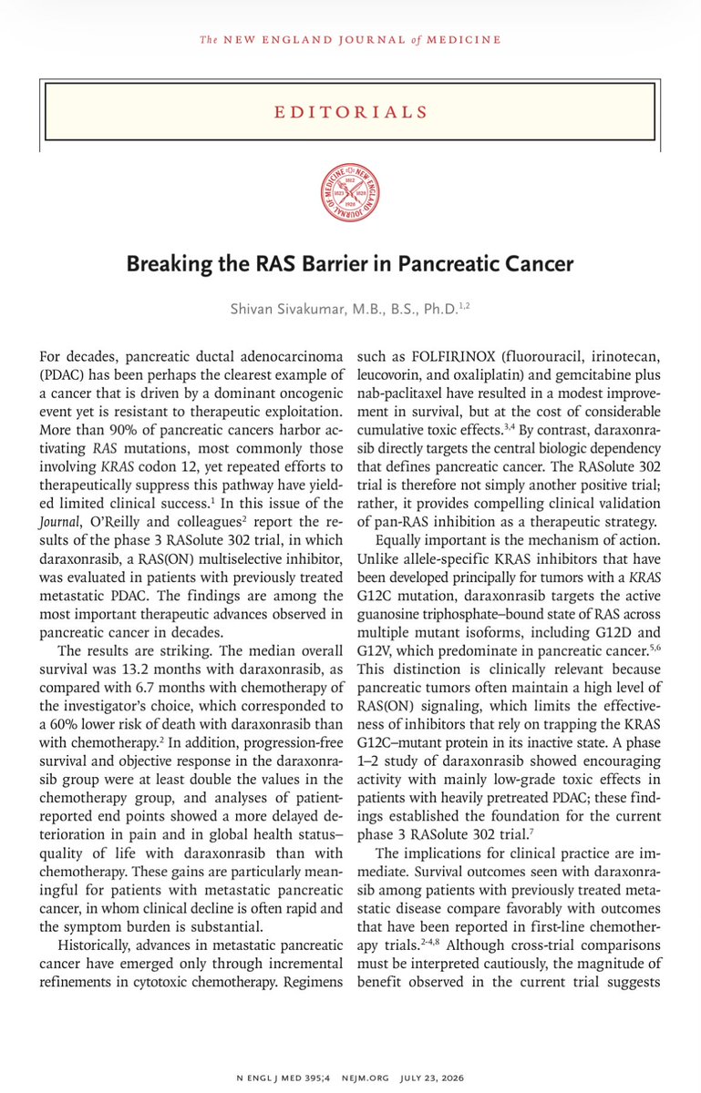 Aiims1742's tweet photo. Editorial in @NEJM by @ShivanSivakumar 
Breaking the RAS Barrier in #PancreaticCancer https://t.co/ci8m9hmweV