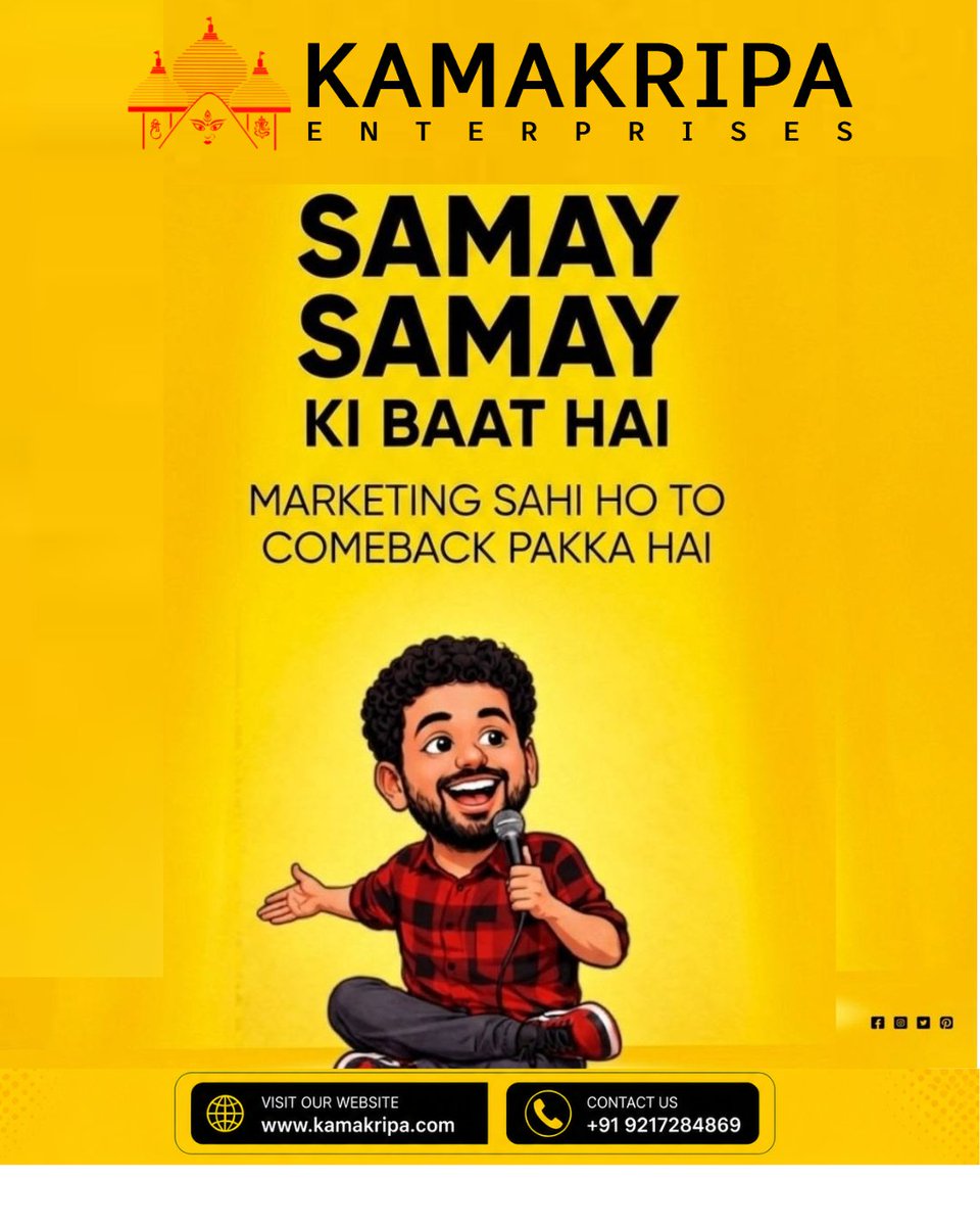 kamakripa's tweet photo. ⏳ Samay badalta hai. Marketing sahi ho to comeback pakka hai. 🚀

Grow your brand. Get quality leads. Scale your business.

🌐 https://t.co/g42Pgjw4qM
📞 +91 9217284869

#DigitalMarketing #BusinessGrowth #Branding #LeadGeneration #KamakripaEnterprises https://t.co/FtqjW8b0jc
