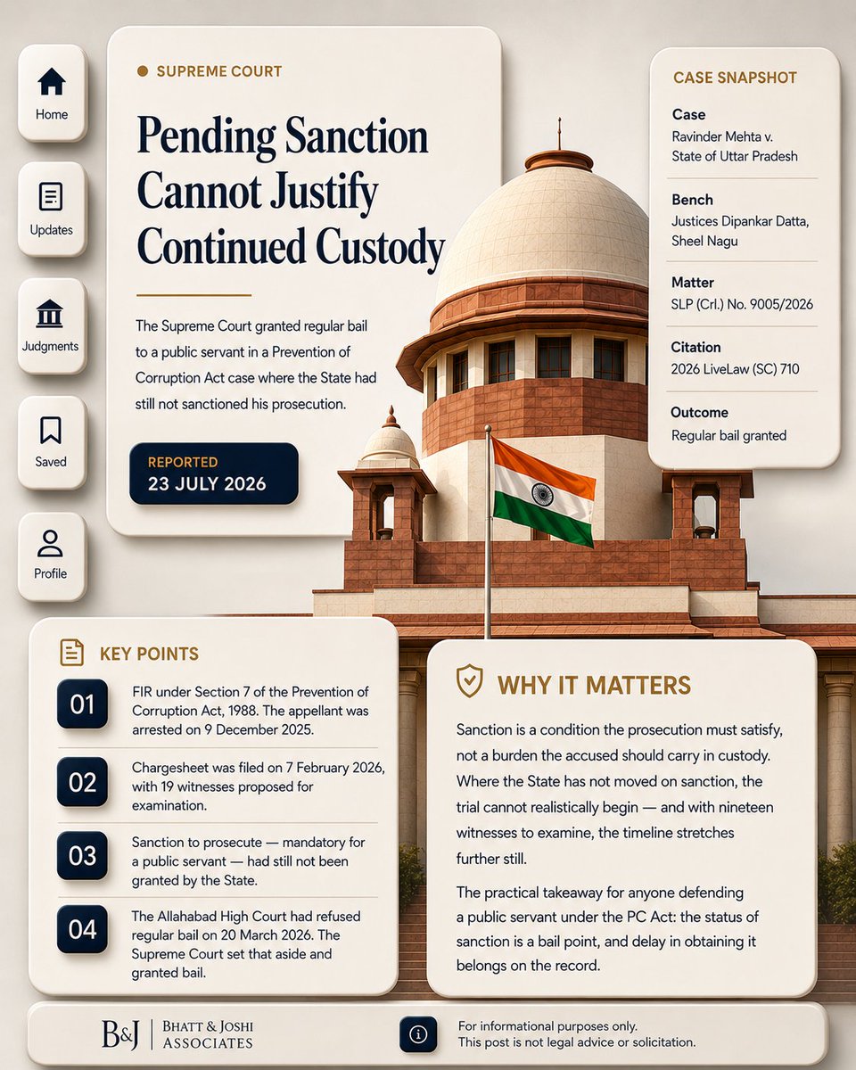 BandJAssociates's tweet photo. The state didn't obtain sanction.
The accused stayed in jail for it.
Supreme Court just said - that's not how it works.
Ravinder Mehta v. State of UP
Mandatory sanction under PC Act - State's obligation.
Delay in sanction ≠ reason to keep accused behind bars.
Bail granted. 19 witnesses pending. Trial had no start date.
Delay in sanction ≠ reason to keep the accused behind bars.heel Nagu
