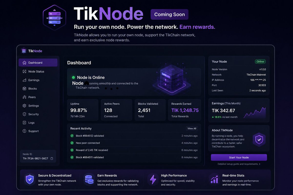3dosNetworkk's tweet photo. The future of TikChain is Decentralized! ⚡

Sneak peek into TikNode  Run your node, power the TikChain network &amp; earn exclusive rewards 💰

Key Highlights:
🖥️ Node Setup &amp; Dashboard
📊 Real-Time Node Analytics
💎 Earn Passive $TIK Rewards

Nodes are coming soon! Are you ready 👇🏻 https://t.co/xFAyJb3Fsw