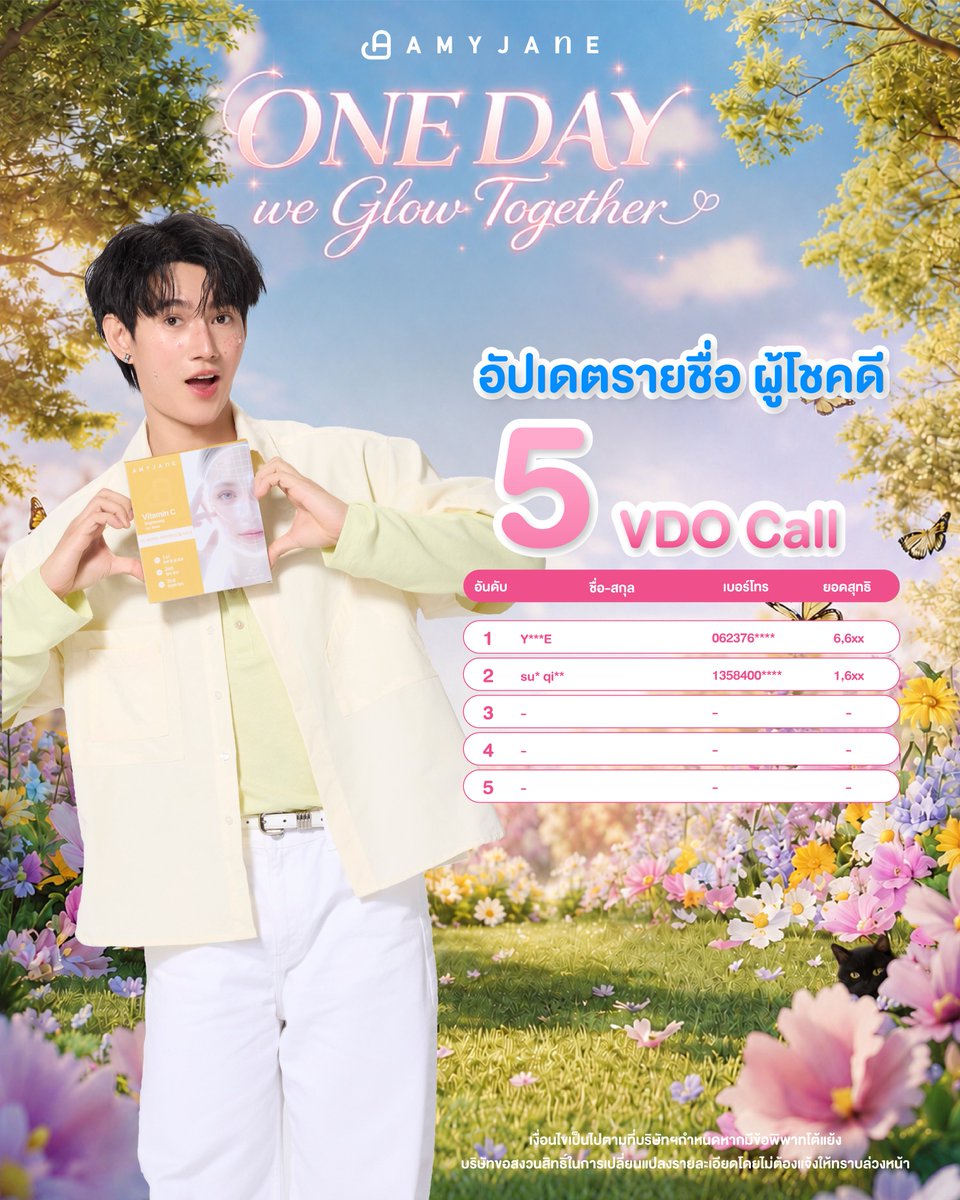 amyjanethailand's tweet photo. 📢 อัปเดตรายชื่อจำนวนสิทธิ์สะสมสูงสุดของ Top Fans และ VDO Call ครั้งที่ 2

𝐀𝐌𝐘𝐉𝐀𝐍𝐄 𝐎𝐍𝐄 𝐃𝐀𝐘
𝐖𝐞 𝐆𝐥𝐨𝐰 𝐓𝐨𝐠𝐞𝐭𝐡𝐞𝐫 🐾✨

จากการสั่งซื้อระหว่างวันที่ 10 ก.ค. – 24 ก.ค. 2569
(อ้างอิงข้อมูลจากการกรอกฟอร์ม ณ วันที่ 24 กรกฎาคม 2569 เวลา 12:00 น.)

ยังสามารถร่วมกิจกรรมได้จนถึงวันที่ 3 ส.ค. 2569 เวลา 23.59 น. หากได้รับสินค้าแล้วอย่าลืมกดรับสินค้านะคะ~

#AMYJANE #pavelphoom
#Amyjanexpavel #AmyJaneThailand

⚠️ หมายเหตุ
- รายชื่อและยอดสะสมอ้างอิงจากข้อมูลการกรอกฟอร์มและระบบหลังบ้านของแบรนด์เท่านั้น
- กรุณากรอกแบบฟอร์มทุกครั้งหลังสั่งซื้อสินค้า เพื่อให้ทีมงานสามารถตรวจสอบและนับสิทธิ์ของท่านได้อย่างถูกต้องครบถ้วน
- กรณีข้อมูลหรือยอดสะสมไม่ตรงกับคำสั่งซื้อ กรุณาติดต่อ Line Official : (@) AMYJANEOFFICIAL หรือ WeChat : Admin_AMYJANE เพื่อให้ทีมงานตรวจสอบข้อมูลเพิ่มเติม
- รายชื่ออาจมีการเปลี่ยนแปลงหลังการตรวจสอบข้อมูลเพิ่มเติมจากทีมงาน
- ประกาศผู้โชคดีวันที่ 5 ส.ค. 2026 เวลา 18.00 น.