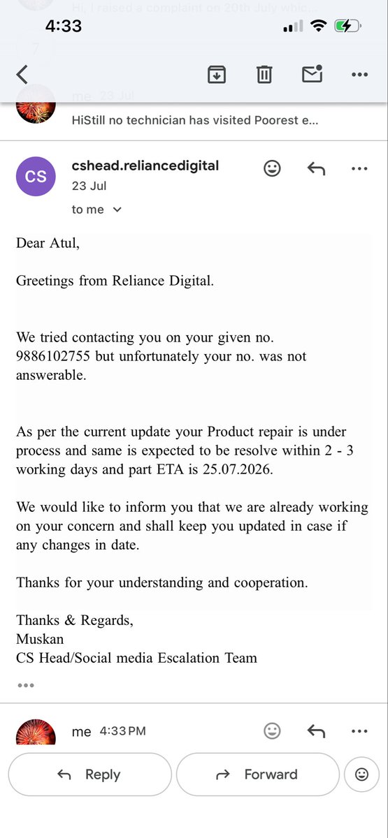 Mohan_Atul16's tweet photo. @RelianceDigital A nice excuse even after complaint was put 5 days ago on 20th July https://t.co/WON37K3Iuo