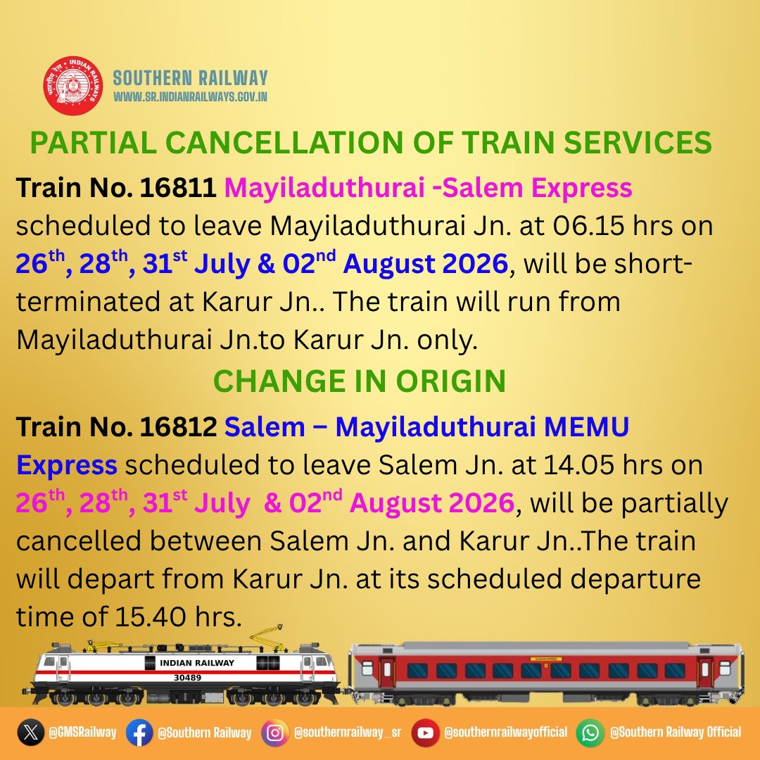 DRMTPJ's tweet photo. For facilitating engineering works at various sections in Salem Division, the following changes have been made in the pattern of Train Services https://t.co/CJ9ePqxjHC