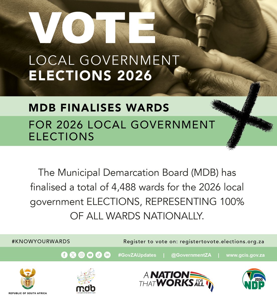 GCISNorthernCap's tweet photo. FOR 2026 LOCAL GOVRNMENT ELECTIONS
The Municipal Demarcation Board #MBD has finalised a total of 4,488 wards for the 2026 local government Elections, representing 100% of all wards nationally.
#wozalge2026
#LocalGovElections2026
#RegisterToVote
#GovZAUpdates https://t.co/qDszxCM8lH