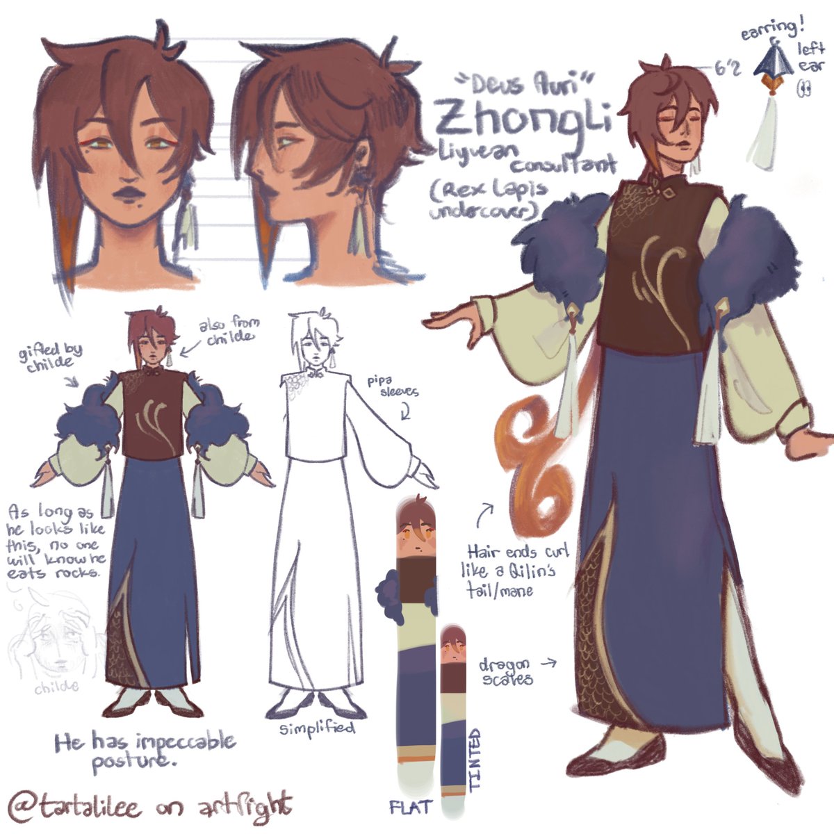 tartalilee's tweet photo. anyways idt I shared this before but I LITERALLY had no OCs I cared enough about for art fight that I had to make official designs for the long ass tartali fanfic I have in my head.. ok cool childe &amp; zhongli https://t.co/PJQ5psO9N5