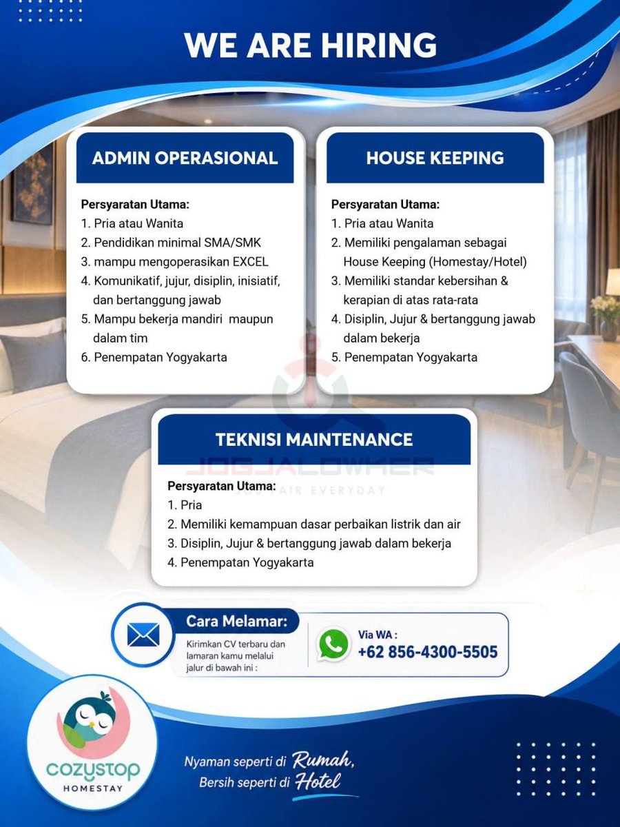 jogjalowker's tweet photo. Loker Jogja terbaru hari ini dari Cozystop Homestay :

- Admin Operasional
- House Keeping
- Teknisi Maintenance

Selengkapnya di : https://t.co/VOdGu4DCPC

⚠️ Rekrutmen gratis tanpa biaya apapun. https://t.co/fwdoe4l57x