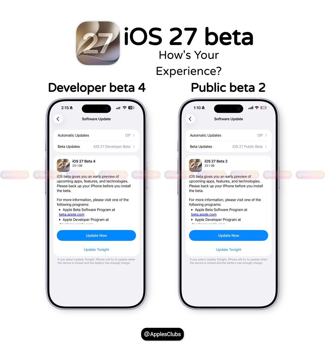 ApplesClubs's tweet photo. iOS 27 Developer Beta 4 vs Public Beta 2. 🔥

Which one are you running, and how has your experience been so far? 👇 https://t.co/Pm48wtLyIy