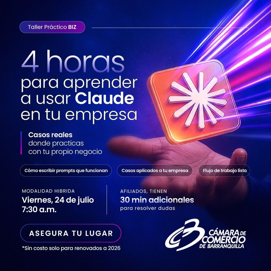 Camarabaq's tweet photo. 🚀🤖 ¡Es hoy!

Participa en BIZ IA | Desata el poder de Claude en tu empresa, un taller práctico donde aprenderás a incorporar Claude en la operación diaria de tu negocio para optimizar tareas administrativas, financieras, comerciales y de marketing.

🎙️ Con Santiago Covelli Olaya, emprendedor tecnológico, AI Builder y speaker internacional.

📍 Hotel Dann Carlton – Salón Lluvia de Oro
🕗 8:00 a. m. – 12:00 m. (Ingreso desde las 7:30 a. m.)

✨ Evento exclusivo para empresas matriculadas y renovadas en 2026.

🔗 Inscríbete: https://t.co/lMsgEGwJcs