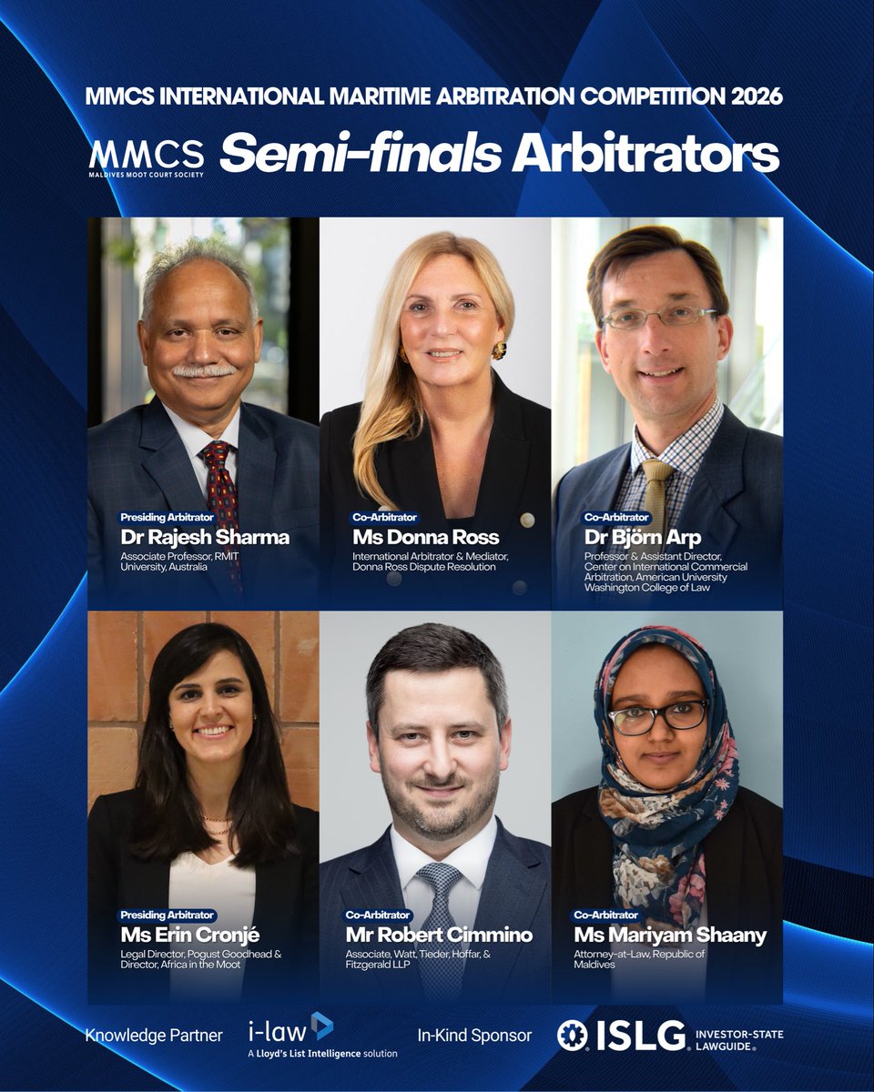 MvMCS's tweet photo. A global stage 🌎

For the Semi-finals of the MMCS International Maritime Arbitration Competition 2026, we are honoured to welcome an exceptional panel of arbitrators from across the globe. 

🌊 The teams have arrived. 
⚓️ The arbitrators are ready. 
🚢 The next tide awaits. https://t.co/BtaeeHaGdb