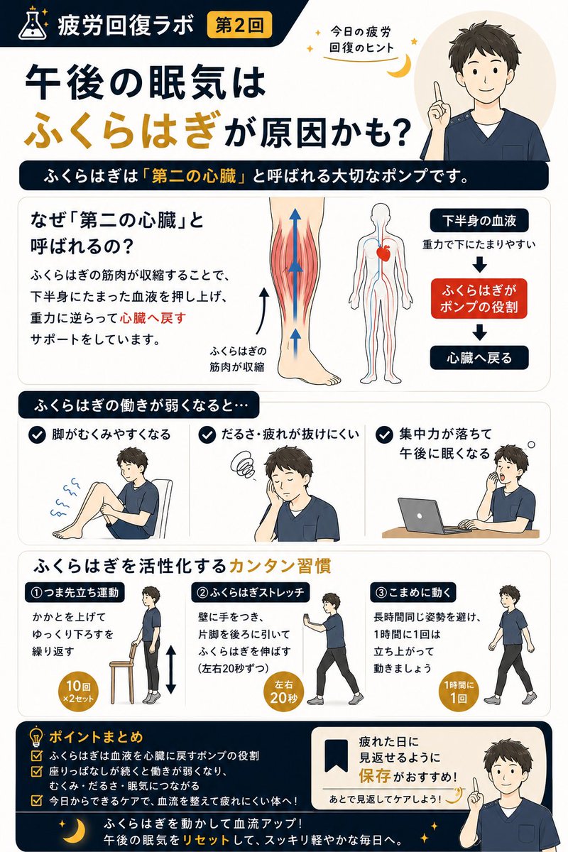 KentaReha's tweet photo. 仕事終わりに動けなくなる人へ

そのだるさ、
睡眠不足だけでなく

「ふくらはぎ」

が関係しているかもしれません。

ふくらはぎは
「第二の心臓」と呼ばれ、

下半身にたまった血液を
心臓へ戻すポンプの役割があります。

デスクワーク中心の人ほど、
この働きが弱くなることも。

足の重だるさや
夕方の疲れが気になる人は

今日からできる簡単ケアを
チェックしてみてください👇
