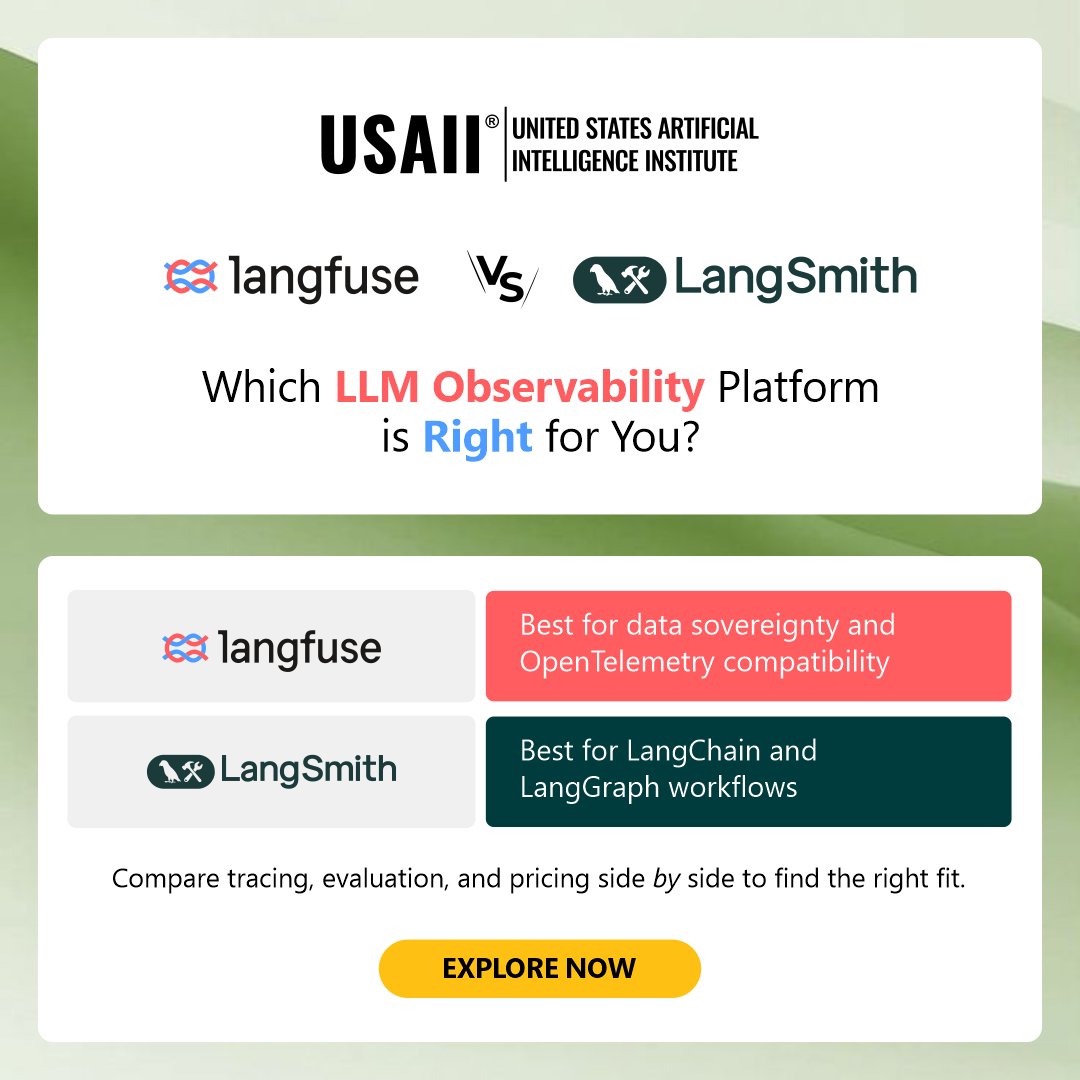 usaiinstitute's tweet photo. Choosing the right LLM observability platform starts with understanding the trade-offs. Langfuse and LangSmith each offer distinct strengths for tracing, evaluation, monitoring, and deployment. Discover more https://t.co/LcFuA2ZsIG
#LLMOps #LLMObservability #Langfuse #LangSmith https://t.co/vyz2fcXxtI