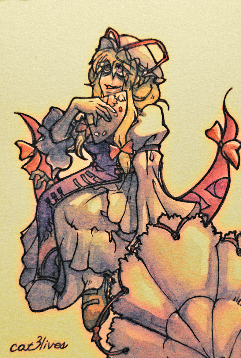 cat3lives's tweet photo. 練習絵を描きました。「やらかした八雲紫（東方Project）」アナログ透明水彩��Photoshop。

制作過程をnoteにまとめました。

#イラスト #絵の描き方 #練習絵 #Photoshop #透明水彩

イラストの練習4：アナログ透明水彩→Photoshopで��える｜ヤマネコ @cat3lives https://t.co/beHOueUoYy https://t.co/HnyQLI0LFu