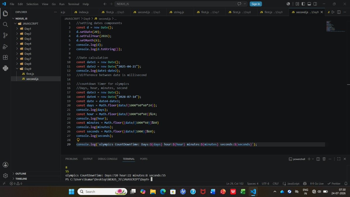 ArpitKumar4527's tweet photo. Day 40 of my Web Development Journey 🚀
Today I learned JavaScript Date &amp; Time, including date components, formatting, date calculations, and working with GMT and UTC. 📅⏰

COMPLETED Lecture 9:✅

#JavaScript #WebDevelopment #100DaysOfCode #Coding https://t.co/pxjhJeyEEr