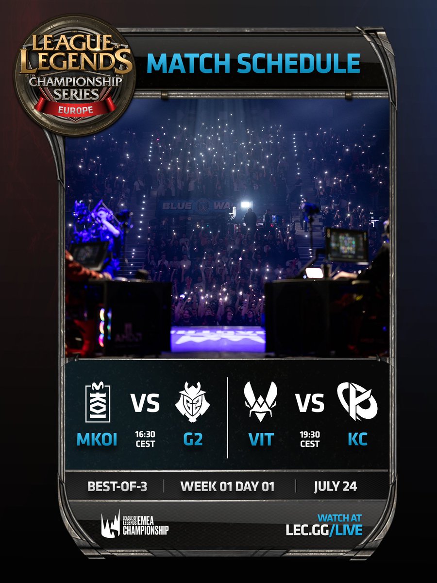 LEC's tweet photo. WE'RE BACK: SUMMER SPLIT STARTS TODAY!

Your schedule for the first day of the #LEC Roadtrip hosted by @KarmineCorp! 🗓️ https://t.co/nWJjATm0OI