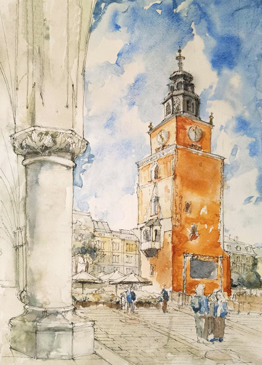 lazimoro's tweet photo. A view of the Town Hall Tower in Kraków from the Sukiennice https://t.co/BitSw6YYgM