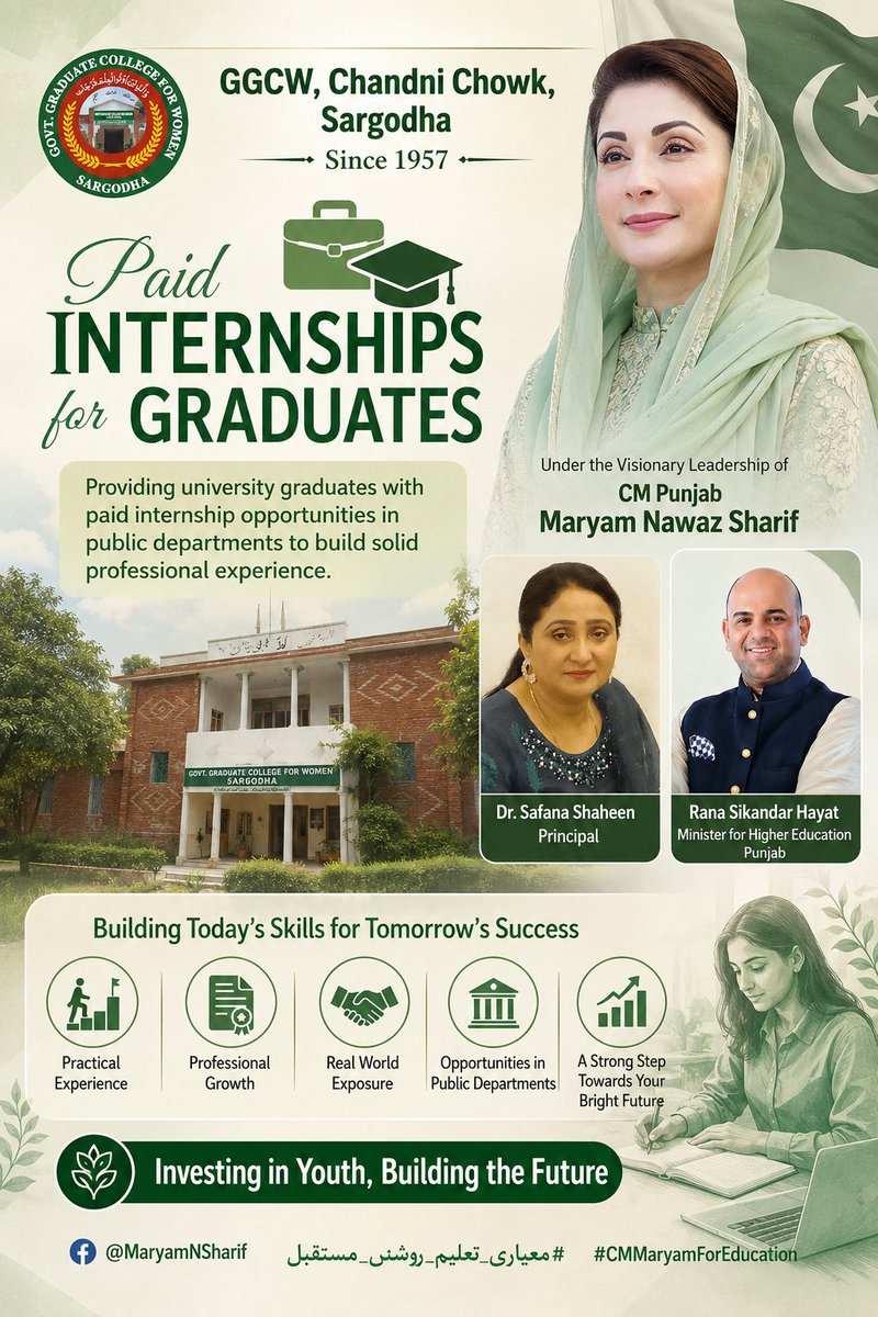 GGCW_SGD's tweet photo. Paid Internships for Graduates

Providing university graduates with paid internship opportunities in public departments to build solid professional experience.

@MaryamNSharif

#معیاری_تعلیم_روشن_مستقبل

#CMMaryamForEducation https://t.co/AMPfaICkGA
