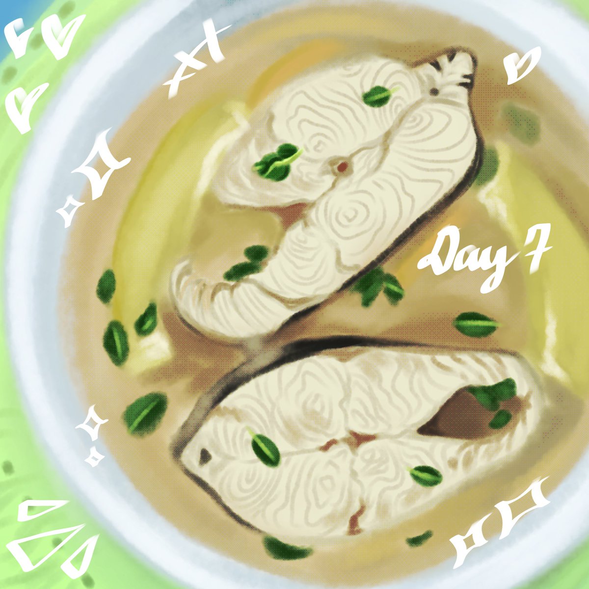 HDHideY3's tweet photo. Day 7 - Final Art 

Yaaaaaay I finished the week challenge :^D 
Thanks Aru梟 for this, why did you and Cess pick the hardest dishes xD but I appreciate it www

#food #foodart #tinola #art #lutongpinoy https://t.co/SaHJycZ0qQ