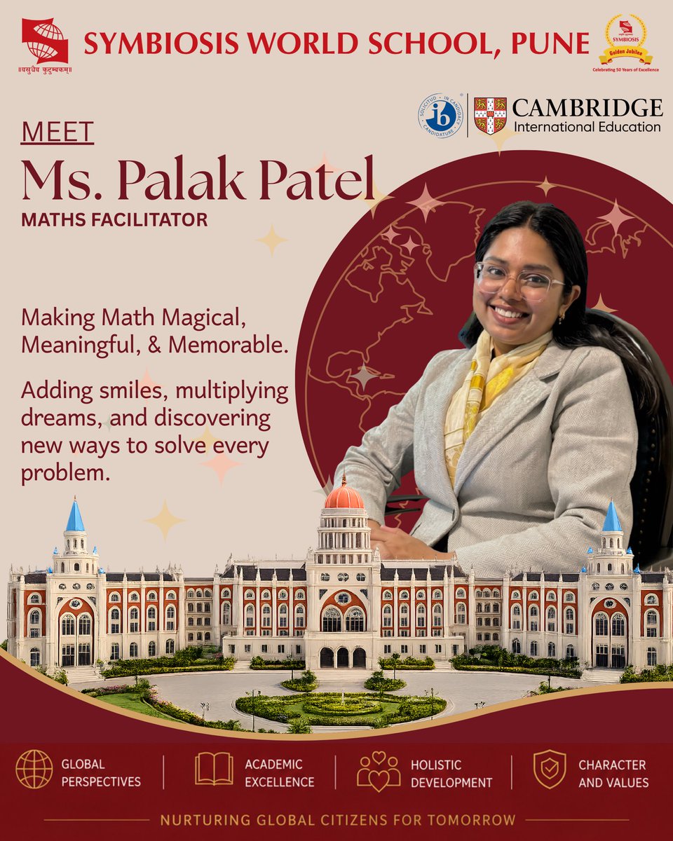 SWSPune's tweet photo. Meet Ms. Palak Patel, our Maths Facilitator, who helps students see mathematics through a new lens. 

Visit our campus and meet her in person! Book your visit today: https://t.co/e0YfCfgkAN 

#Admissionsopen for grades 3-12, #IB and #CambridgeCurriculum

#SWSPune #Punecity https://t.co/LhuNWtWRBl