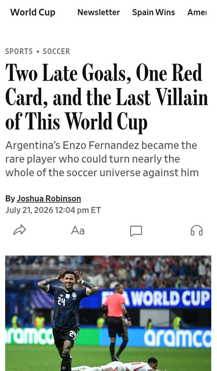 Realgeopolitica's tweet photo. El WSJ, propiedad de Murdoch y muy cercano al Partido Republicano, le apunta a Enzo Fernández. Se agiganta su figura y la de todo este proceso en la selección. Si estos son los enemigos, debemos tomarlo como un honor. https://t.co/BTnOXpu8De