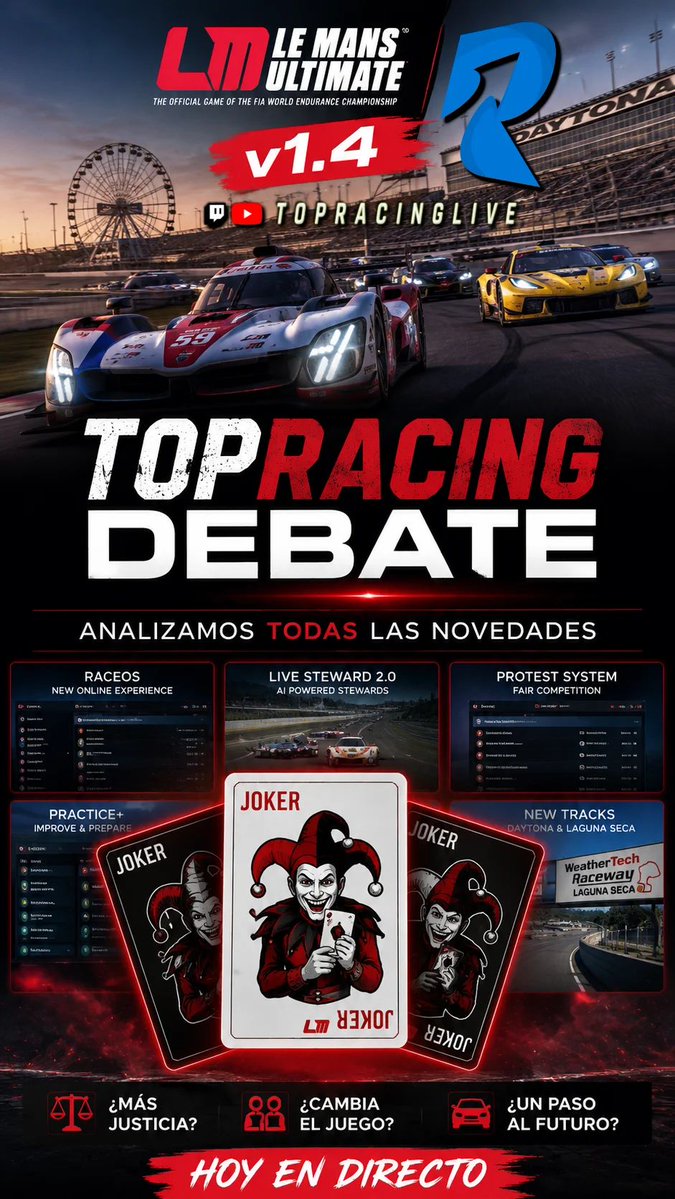 TopRacingLive's tweet photo. 🚨 **HOY ESTRENAMOS TOPRACING DEBATE** 🚨

🎙️ **Le Mans Ultimate v1.4: Todo lo que sabemos antes de su lanzamiento**

La actualización más importante desde el lanzamiento de LMU está a la vuelta de la esquina y hoy la ponemos sobre la mesa.

🔍 Analizaremos todas las novedades anunciadas por Studio 397:

🏁 RaceOS
⚖️ Live Steward 2.0
📋 Nuevo sistema de protestas
🃏 El polémico **Joker**
🇺🇸 Daytona y Laguna Seca
🚗 Hypercars 2026
📈 ¿Qué futuro le espera a Le Mans Ultimate?

No será un resumen de noticias.

Será un **debate**, con opiniones diferentes, preguntas incómodas y la participación de toda la comunidad.

💬 Queremos saber también vuestra opinión.

**¿Es el Joker una buena idea o abre la puerta a una ventaja competitiva?**

📅 **Hoy en directo**
📺 Twitch: **https://t.co/7YDbi1je4T**

#TopRacingDebate #LeMansUltimate #LMU #SimRacing #WEC #IMSA #RaceOS #Studio397 #Gaming #Twitch